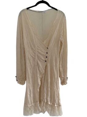 Lauren Vidal Wrap Tunic Top Long Sleeve Lace Cream Tulle Hem Crinkle Textured